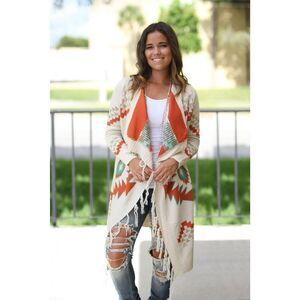 Shop Wanna B Cream Southwestern Print Fringe Knit Tunic Cardigan L/XL